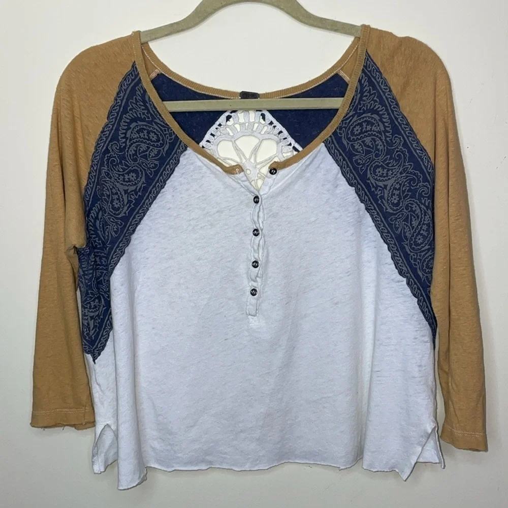 Free People Road Trip Crocheted Henley Crop Raw Hem Rare